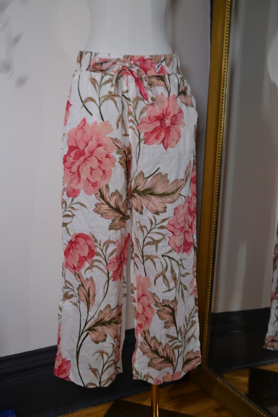 Joie Beachy Chic Floral 100% Linen Mid/High Rise Wide Leg Pants Size Medium